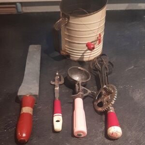 Vintage Red and Pink Kitchen Utensil Set